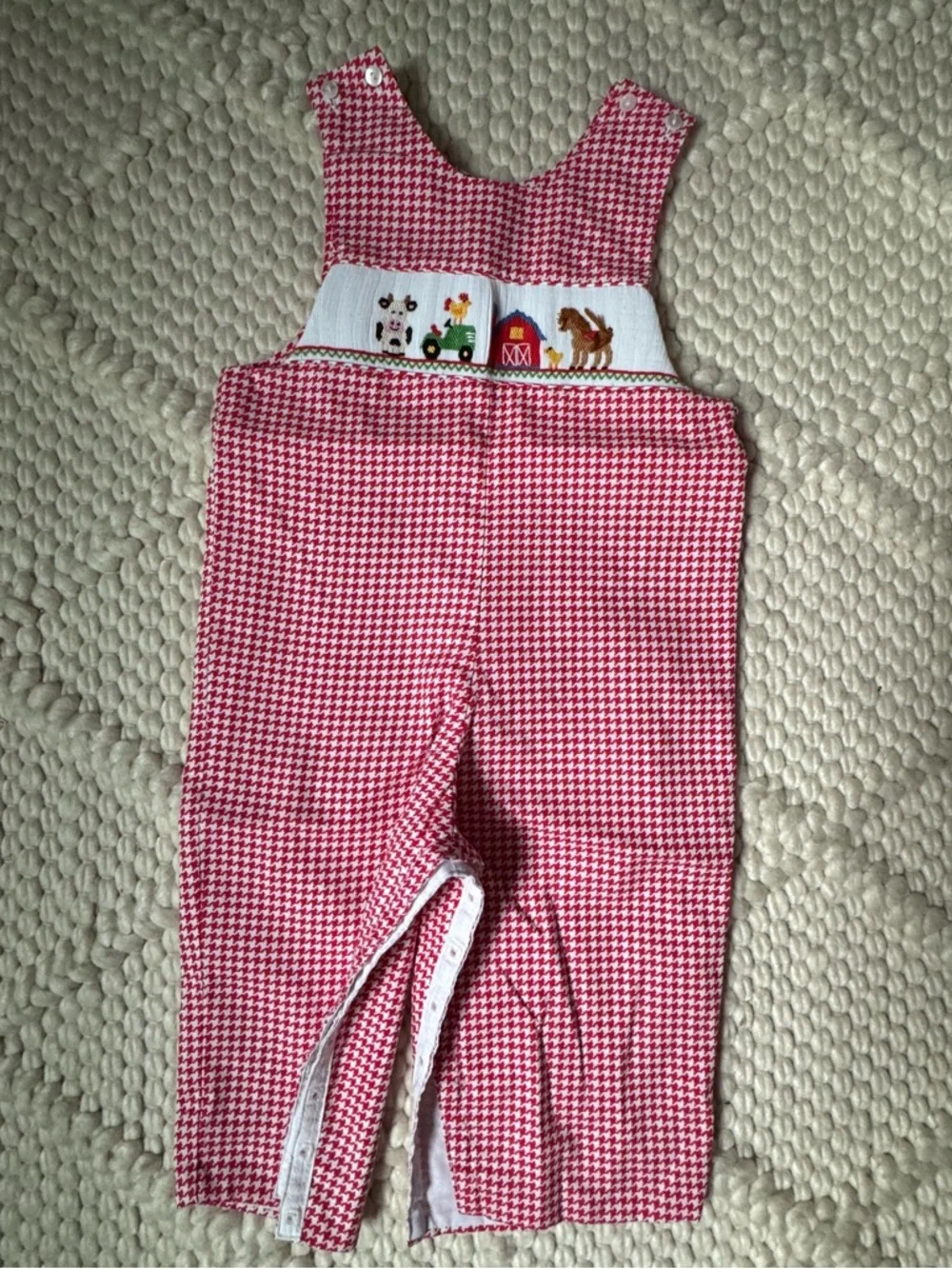 Red Houndstooth Smocked Farmyard Toddler Coveralls - Picture 1 of 4